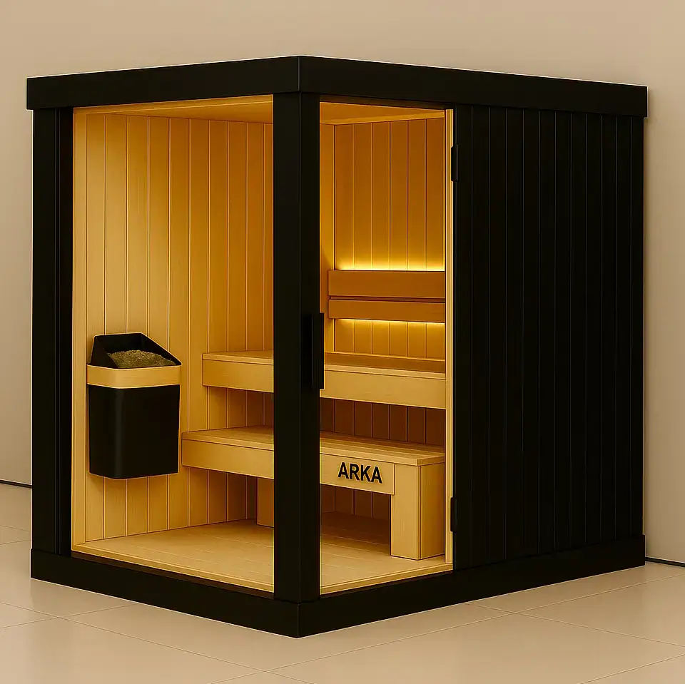 Sauna cabin interior with wooden benches and LED lighting, modern design perfect for relaxation and wellness at Arka Wellness.