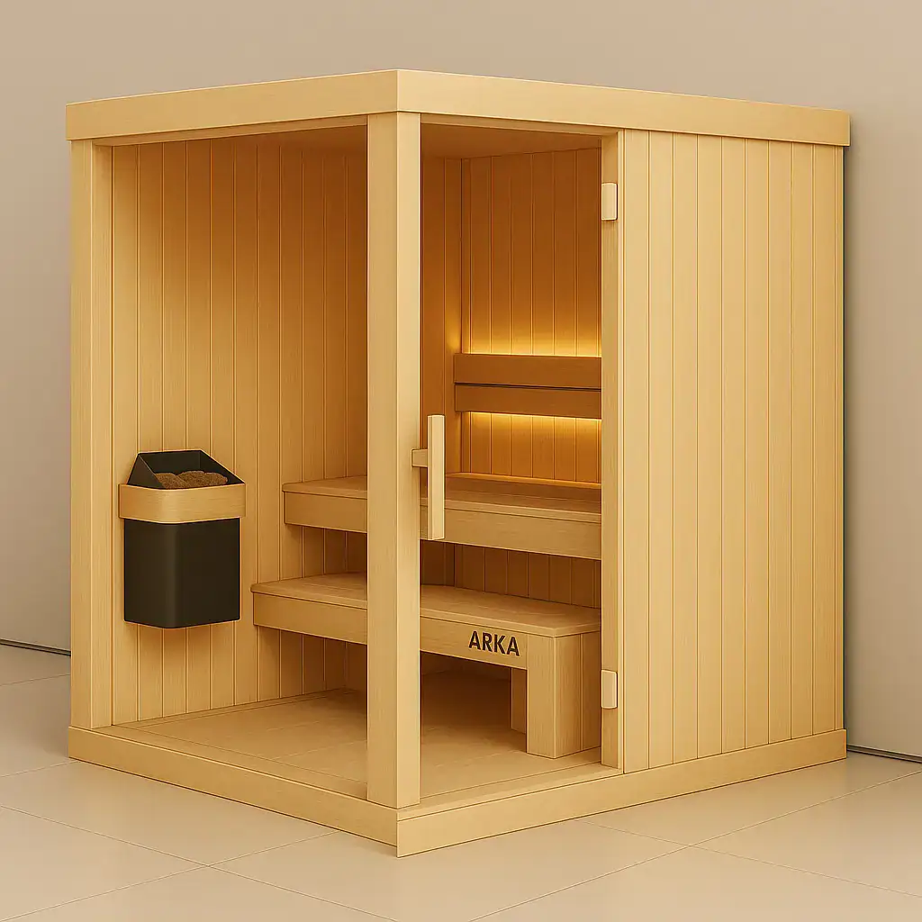 Relaxation sauna cabin for wellness and stress relief, made of natural wood with soft lighting, designed for health and relaxation experiences.