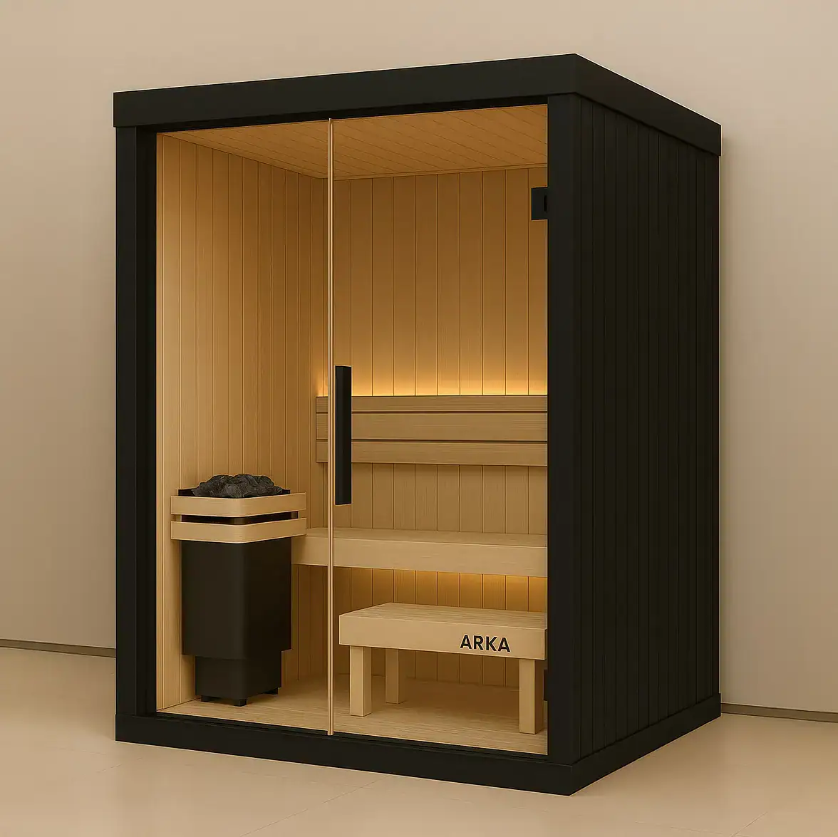 Portable infrared sauna cabin for wellness and relaxation, featuring modern wooden interior and black exterior, designed for health improvement and stress relief.