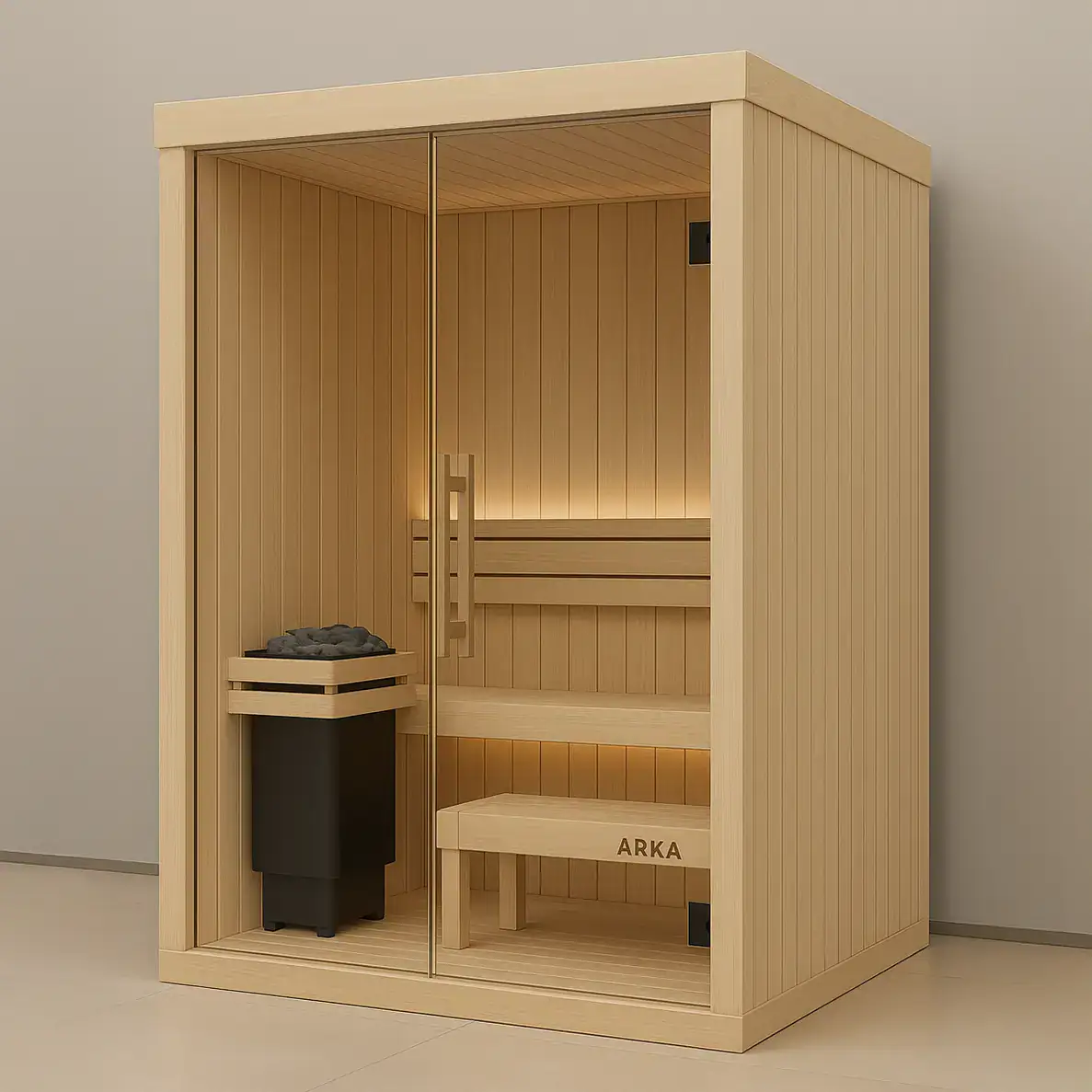 Natural wooden infrared sauna cabin with bench, heater, and modern design for relaxation and wellness. Compact, stylish home sauna made of high-quality wood for comfort and health benefits.
