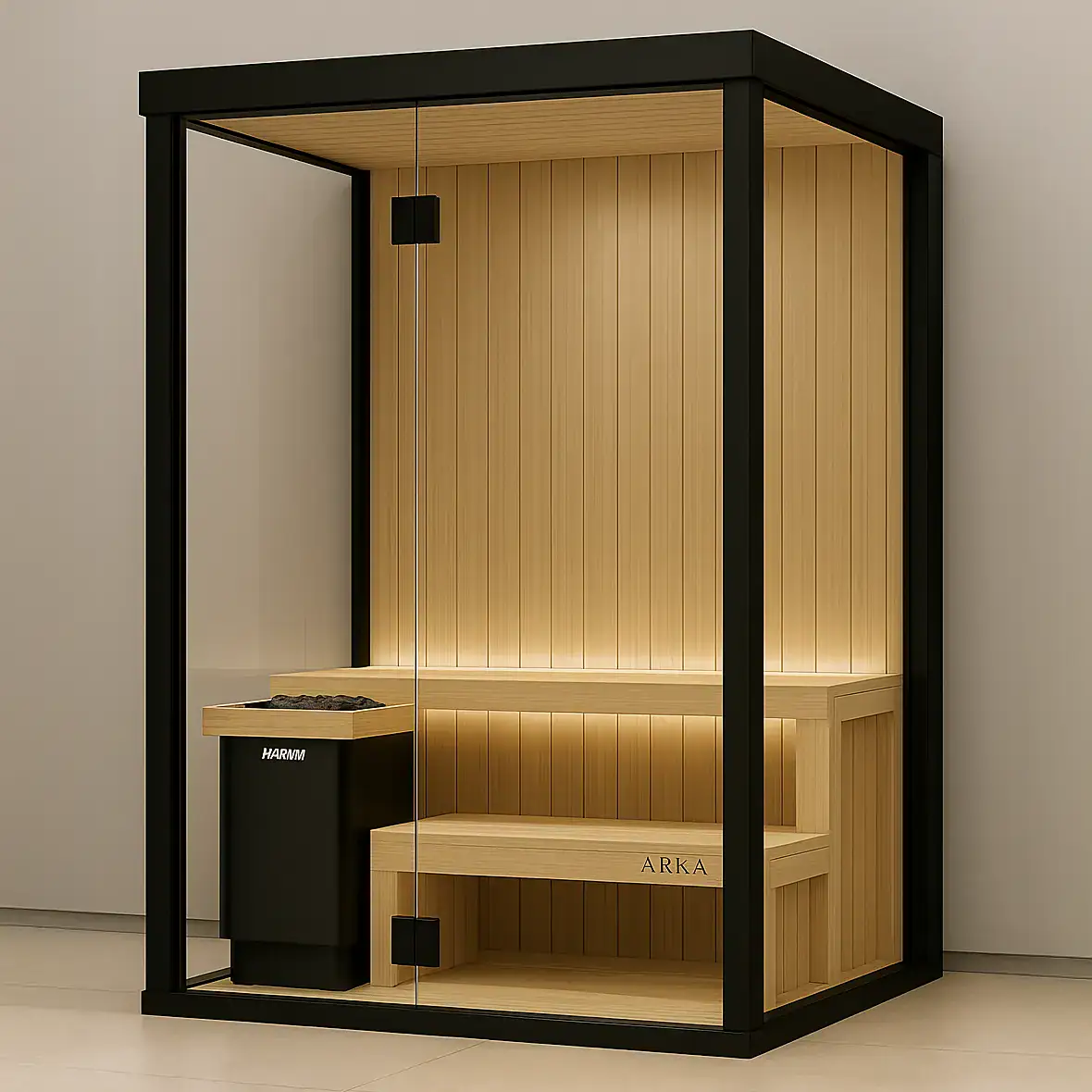 Compact modern home sauna with black framing, wooden interior, and digital control panel for a relaxing wellness experience. Ideal for small spaces and home spa setups.