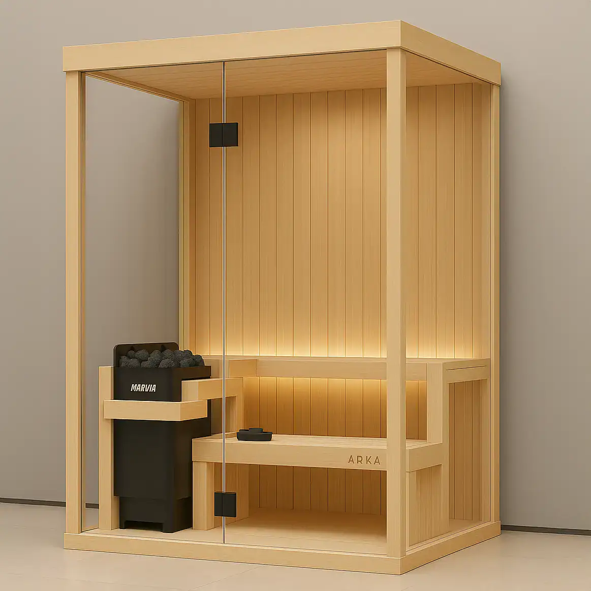 Luxurious indoor aroma steam sauna with wooden interior and modern design, featuring LED lighting, bench seating, and a sauna heater for relaxation and wellness.
