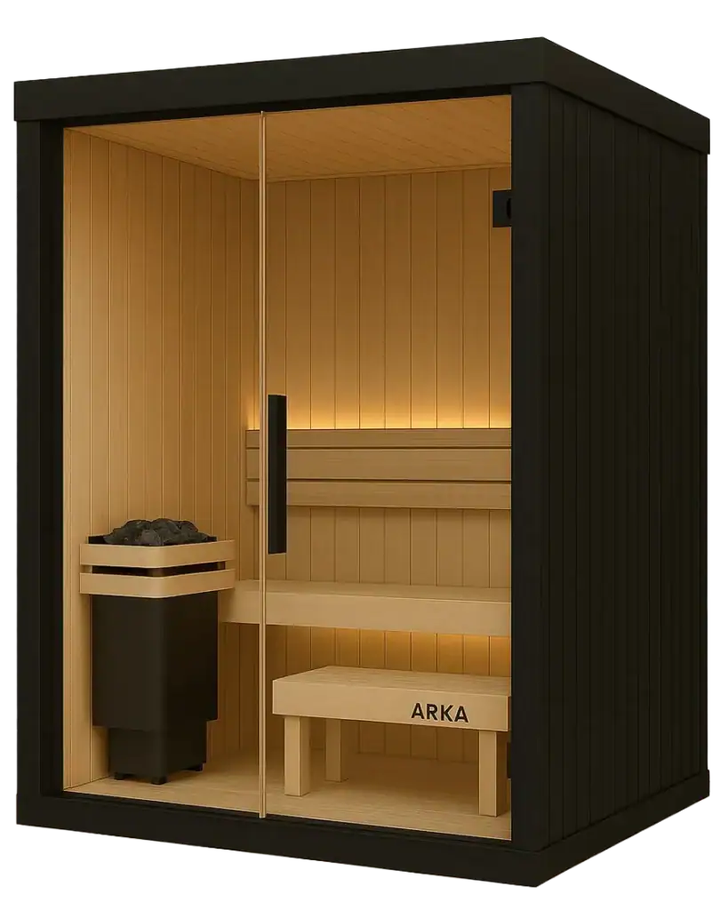 Compact indoor infrared sauna cabin with modern black exterior and natural wood interior, designed for wellness, relaxation, and health benefits.